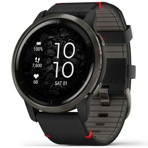 Garmin Venu® 2 Bisel de Acero Inoxidable de Color Negro con Caja y Correa de Cuero de Color Negro Diámetro de 1,30″ (33,0 mm)