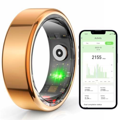 Dlishka Anillo Inteligente,MonitorizacióN De Frecuencia CardíAca 24h,Resistente Al Agua 5ATM,Carga RáPida MagnéTica,Compatible con Android E iOS,Reloj De Fitness para Hombres Y Mujeres.(Oro, 10#)
